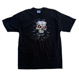 VTG 90s Impulse Wear Skull Face Red Eyes T-Shirt Large Hanes Heavyweight Biker